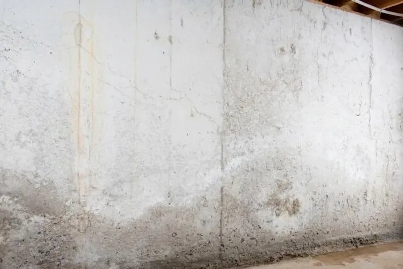 Efflorescence — white mineral deposits on a basement foundation wall from freeze-thaw water infiltration