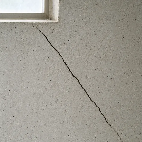 Diagonal crack from a window corner on a poured concrete foundation wall